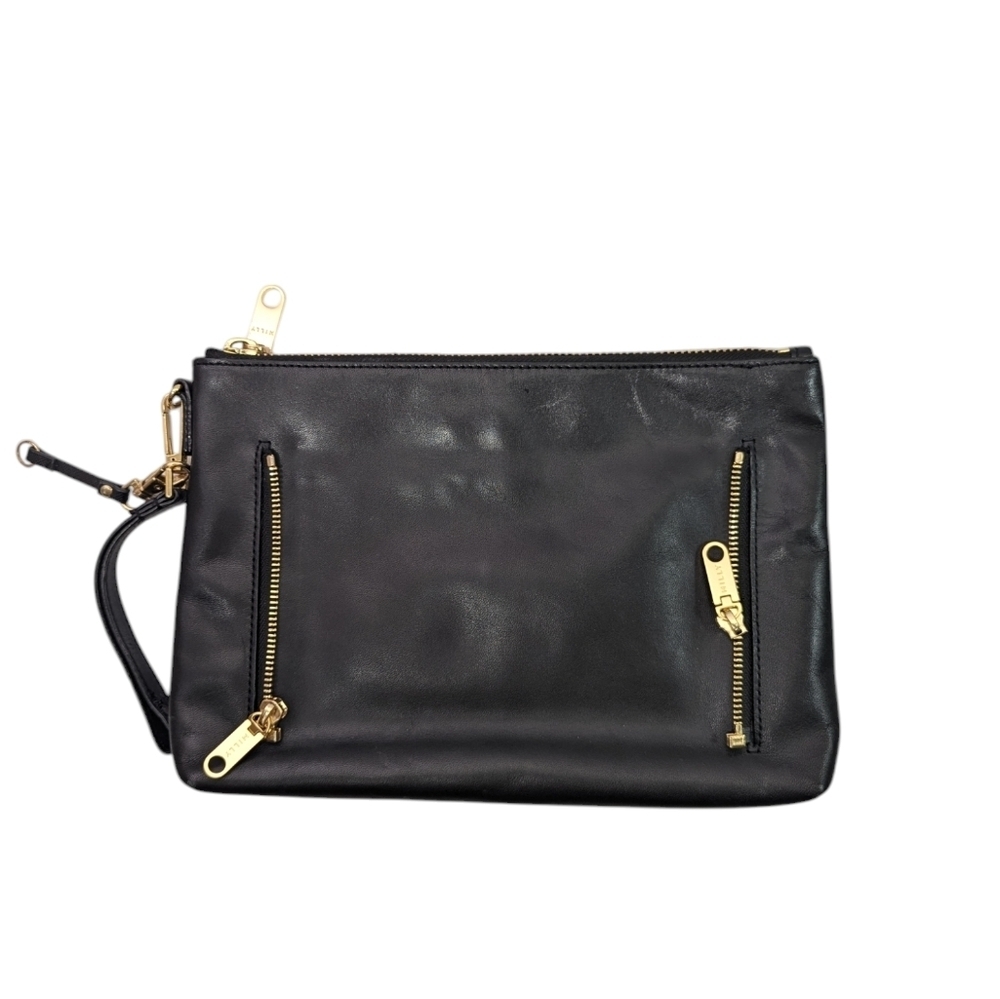 Milly Black Leather Clutch Wristlet Gold Zip Minimalist Designer Bag
